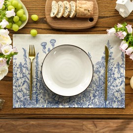 Artoid Mode Blue Antique Herbs and Wild Flowers Spring Placemats Set of 4, 12x18 Inch Seasonal Table Mats for Party Kitchen Dining Decoration