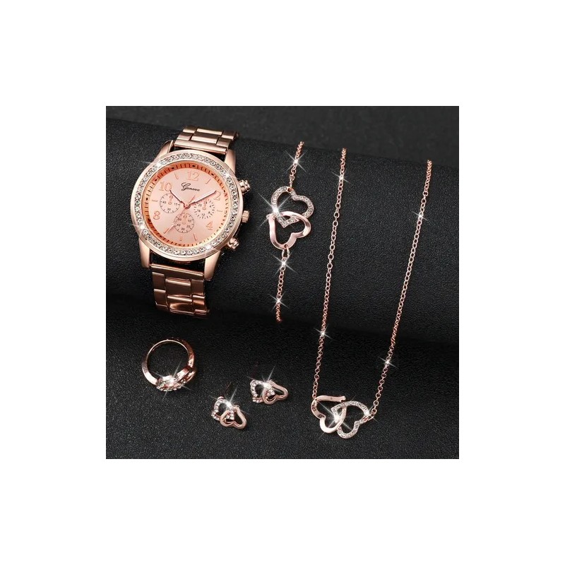 Set Regalo Mujer Reloj Collar Anillo Aretes Oro Rosa Dorado