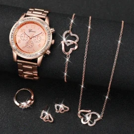Set Regalo Mujer Reloj Collar Anillo Aretes Oro Rosa Dorado Dorado Coral Claro