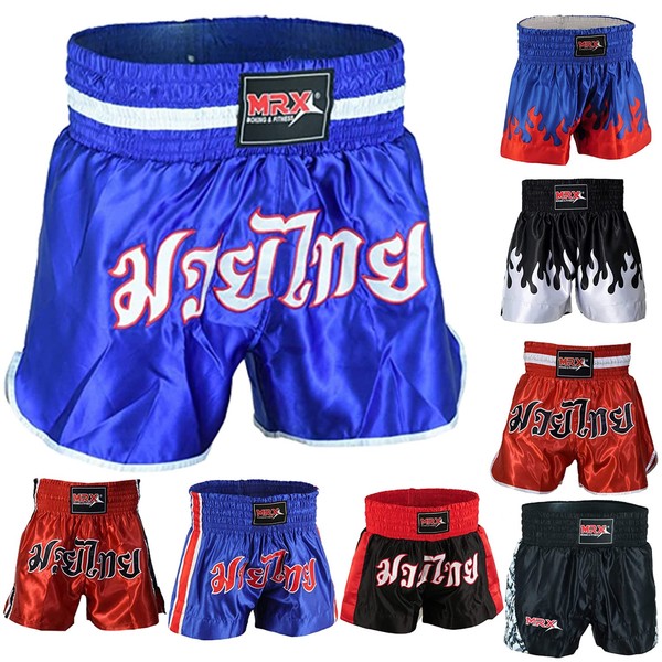 MRX - Pantalones cortos de boxeo para hombre, entrenamiento de lucha, Muay Thai, boxeo, MMA BJJ, pantalones cortos de kickboxing, ropa, Azul / Patchwork, Medium Pantalones Cortos