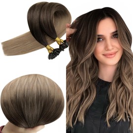 RUNATURE U-Tip Bonding Extensions Real Hair Balayage Brown 40 cm Bonding Extensions 1 g Real Hair Balayage Dark Brown Ombre Blonde Hair Extensions Human Hair Hot Fusion Keratin 1 g/1s 50 Pieces