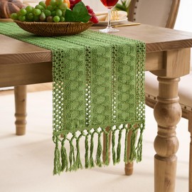 Aisybaklyn Boho Green Table Runner, 30 x 140 cm, Crocheted Retro with Tassels, Table Runner, Spring, Cotton, Linen, Washable Table Runner for Decoration, Holiday, Party, Dining Room, Tabletop, Table,