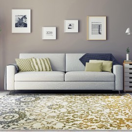 Superior Indoor Area Rug, Jute Backing, Floral Damask Floor Decor for Office, Living Room, Dining, Kitchen Floors, Bedroom, Entryway, Modern Rugs, Pendleton Collection, 8' x 10', Ivory