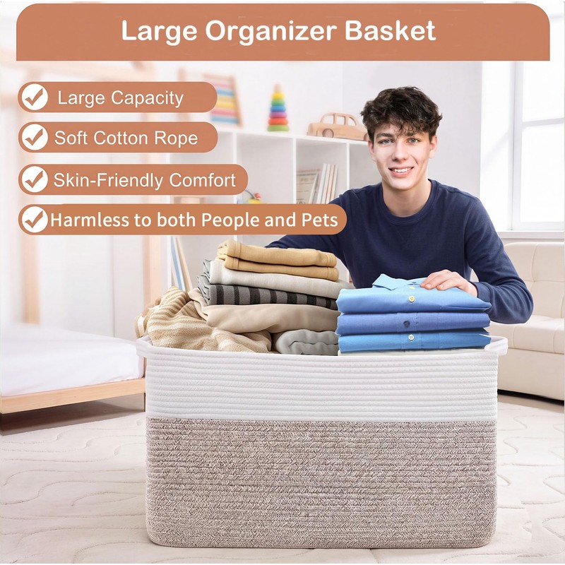 75L Large Blanket Storage Basket with Handles - White &