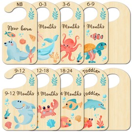 CRASPIRE 10Pcs Ocean Animal Wood Baby Wardrobe Dividers Clothes Size Dividers Closet Organizers Nursery Decor from Newborn to 36 Month Hanger Baby Infant Wardrobe Divider for Newborn Baby Shower