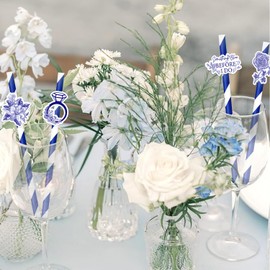 50PCS Something Blue Before I Do Bridal Shower Decoration, Dusty Blue Bridal Shower Paper Straws Floral Ring Striped Straws for Women Bachelorette Bridal Shower Party Favors