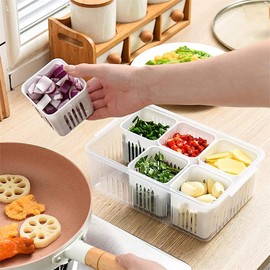[2 Pack]Fridge Food Storage Containers with Lids Airtight Refrigerator Food Fresh Box with 6 Pcs Detachable Drain Basket Vegetables Sealed Keeper for Ginger Garlic Onion (2)