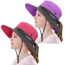 2 Pieces 5-14Y Kids Summer Sun Hat Wide Brim UV Protection for Girls Ponytail Beach Bucket Cap (Purple＆Watermelon Red)