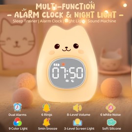 Aokpsrt Cat Alarm Clock with Night Light for Kids with Sleep Training and Sound Machine, Rechargeable Silicone Lamp OK to Wake Clock，Cute Animal Tabletop Lamp, Perfect Sleep Companion for Boys Girls