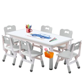 HAPPYMATY Kids Table and Chair Set, Snow Grey, Upgraded Plastic, 47.2x28.0 inches, Adjustable Height, Whiteboard Style, Includes 12 Color Pens