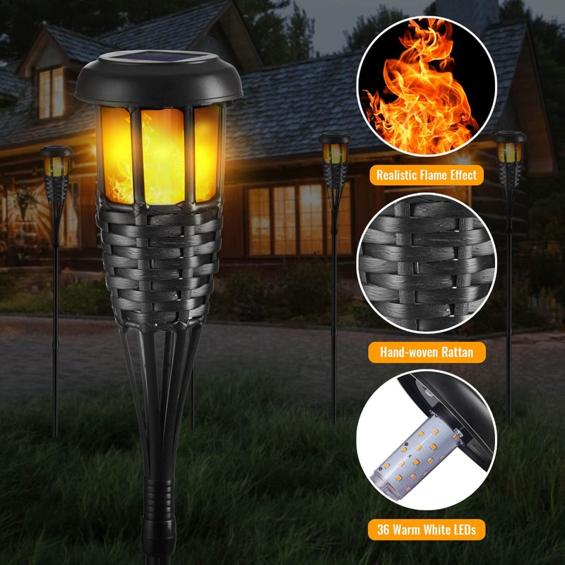 Solar Torch Light with Flickering Flame, 4 Pack Waterproof Bamboo
