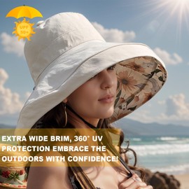 Wide Brim Sun Hats for Women UV Protection Reversible Bucket Hat Foldable Beach Hats Summer Hat for Garden Travel
