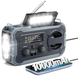 Hand Crank Emergency Radio, 10000mAh Weather Radio with AM/FM/NOAA, Solar Prower, SOS Alarm, Phone Charging, LED Flashlight, Portable Survival Gear for Outdoor & Home Emergencies Kits, Grey