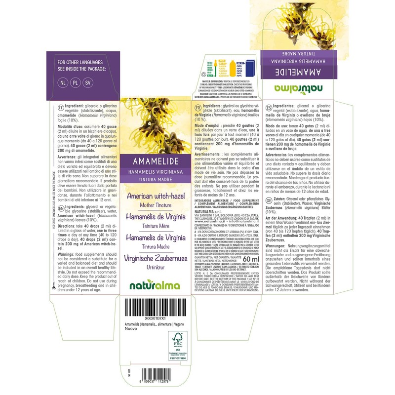 American Witch-Hazel (Hamamelis virginiana) Leaves Alcohol-Free Mother Tincture Naturalma -