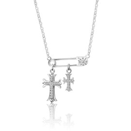 JOLINO Cross Necklace for Women, Silver Cubic Zirconia Two Cross Pendant Necklace, Dainty Cross Faith Necklaces Punk Goth Jewelry, 925 Sterling Silver 18K White Gold Plated, Aesthetic Necklace, Gift for Christian