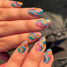 Almond Press on Nails Short, 24Pcs Stiletto Glossy False Nails with Colorful Swirl Designs, Bling Glitter Acrylic Nails Wave Line Glue on Nails for Women Girls