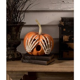 Bethany Lowe Peek-A-Boo Orange Pumpkin with Skeleton Hands Lantern, Paper Pulp