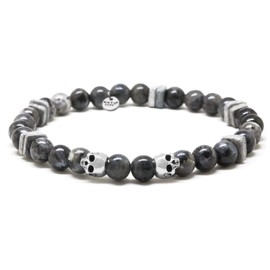 Nato Cuff - 925 Sterling Silver Skull Bracelet - Larvikite Beads Semi-Precious Stones - Greek Ceramic Beads - Men's and Women's Jewellery Handmade in France, Silver, Labradorite