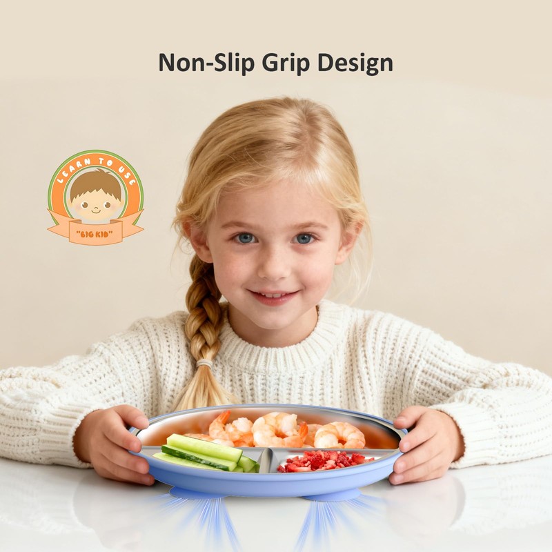 Bakpoco Stainless Steel Suction Plates with Lids for Toddlers &