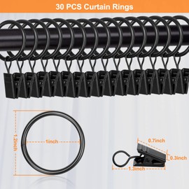 30 PCS 1-Inch Black Clips Curtain Ring for Curtain Rod, This Small Drapery Curtain Hooks with Clips Hook Fit Up to 0.4~0.75 -inch Drapery Panel