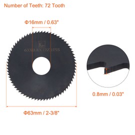 sourcing map Circular Saw Blade, 63mm (2-1/2") Dia 0.8mm Thick 72 Tooth, 6542 High Speed Steel (HSS) Nitriding Milling Cutter with 16mm Arbor for Metal Wood Cutting
