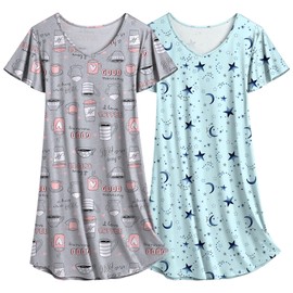 Ekouaer 2 Pack Nightgowns for Women Flare Short Sleeve Sleepshirt V Neck Sleepwear Plain/Floral Print Pajama Dress S