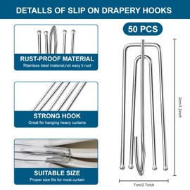 Pack of 50 Curtain Pleater Hooks, 4 Prong Pinch Curtain Pleat Hooks, Stainless Steel Curtain Hooks for Curtains and Curtain Rings Rails, for Window Curtains, Door Curtains and Shower Curtains