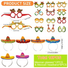 Eowppue 16 pcs Mexican Party Decorations - Vibrant Party Hats & Glasses, Party Glasses Mask, Mexican Theme Decorations Dia De Muertos and Party Favors