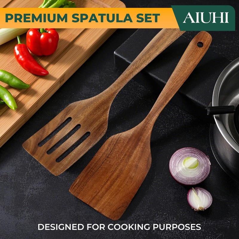 AIUHI Teak Wood Spatula for Cooking, Durable Flat Turner and