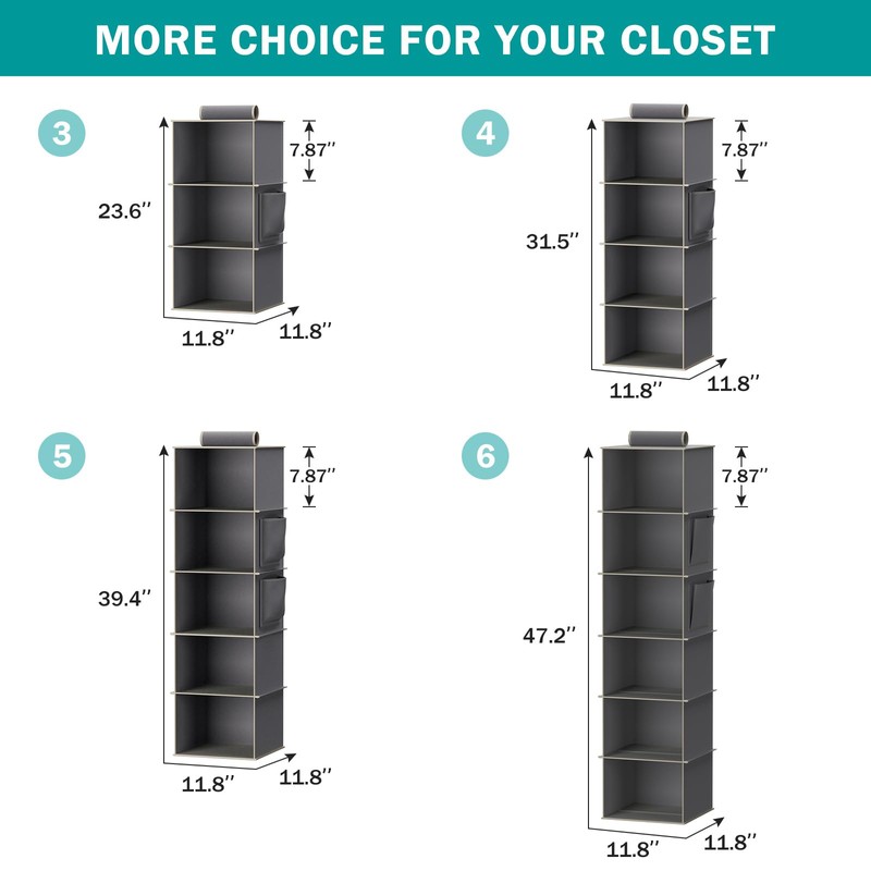 YOUDENOVA Hanging Closet Organizer, 4-Shelf Closet Hanging Storage Shelves, Grey