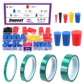 Swpeet 104Pcs 36 Yards 4 Sizes 1/4",1/2", 7/10", 1" Green Powder Coating Masking PET Tape with High Temp Silicone Rubber Protective Tapered Plug Assortment Kit for Painting, Powder Coating