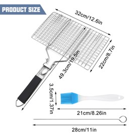 Grill Basket Fish Roaster BBQ Grill Basket Grill Grid: Nizirioo Stainless Steel Fish Grill Basket Portable Foldable Grill Fish Holder with Removable Handle with Baking Brush, 4 Metal Skewers and