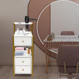 WUSILILU Beauty Salon Station Cabinet, Barber Station with 3 Drawer, Salon Organizer Storage Cabinet for Spa, Barber Store, Salon, Locker Room, Bathroom (White, Golden)