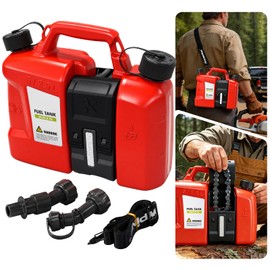 Dual-Chamber Chainsaw Fuel and Bar Oil Can, Portable 2-in-1 Refueling Container with Adjustable Shoulder Strap, Visible Level Window, Covered Tool Storage Box and Leak-Resistant Pour Spouts for Forestry Yard Farm Work
