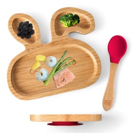 Teeny Weany® Baby Plate & Toddler Plates | Baby Suction Plate | Weaning Spoons | Bamboo Suction Plate | Eco-Friendly | Non - Toxic | Divided Sections | Promotes Self-Feeding | Bunny Plate Red