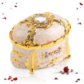 LUXINTHRA Vintage Oval Jewelry Box, Metal Small Jewelry Organizer for Women and Girls, Portable Mini Trinket Storage for Earrings, Rings, Necklaces and Bracelets(White)