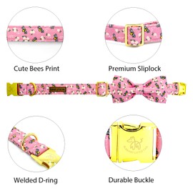 Elegant little tail Dog Collar, Spring Dog Collars with Bow Cute Bees Print Cotton Soft Female Male Pet Collar Bowtie Floral Puppy Collars Adjustable Collar for Large Dogs