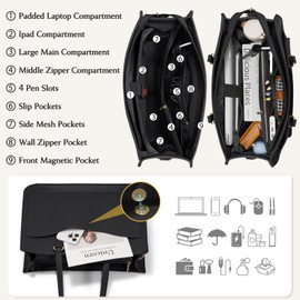 RAINSMORE Laptop Bag for Women 15.6 Inch Work Tote Bags Leather Laptop Tote Waterproof Computer Bag Professional Office Business Briefcase Large Handbag for College Teacher Travel, Black