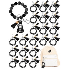 Henoyso 20 Pcs Cheer Beaded Wristlet Keychains Bulk Acrylic Cheer Megaphone Keychains for Cheerleading Christmas Team Gift(Black)