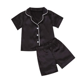 Toddler Baby Kids Satin Summer Pajamas Set Short Sleeve Button-Down Pajamas Top Pants 2Pcs Loungwear Sleepwear Pjs (Black, 1-2 Years)