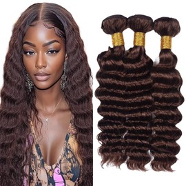 Dokksiiia Deep Wave Bundles Chocolate Color #4 Dark Brown Deep Curly Bundles Human Hair Chocolate Brown 8a Grade Brazilian Human Hair Extensions for Black Women 16 18 20 Inch