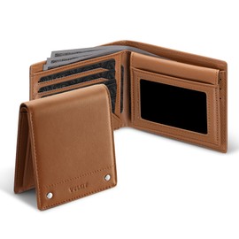 VULKIT Men's Bifold Wallet Genuine Leather Wallet RFID Blocking with Multiple Card Slots and Double ID Windows Everyday Carry Wallet