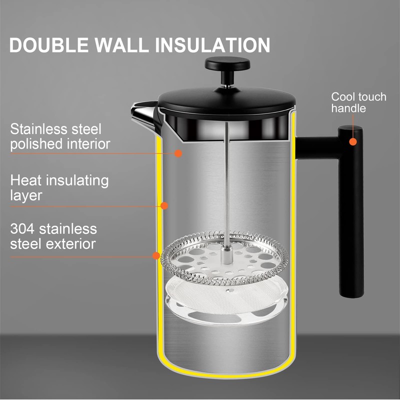 Secura French Press Coffee Maker with 3-Layer Stainless Steel Filter,