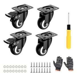 Ruedas para muebles de alta calidad 2 ruedas giratorias, ruedas giratorias de 360 grados con frenos, fijación con espárragos, capacidad de carga máxima 200320 kg (2 con frenos, 2 sin frenos) + guantes