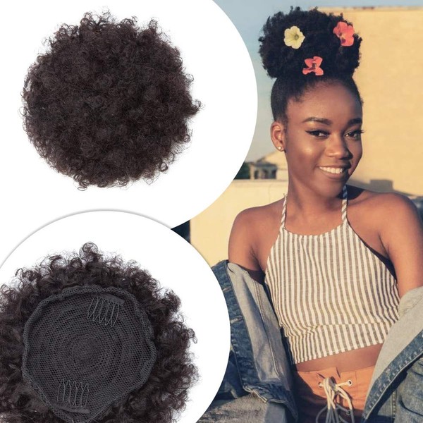 Hairro Afro Puff Ponytail Human Hair Curly Bun for African American Black Women 5 Inch Kinky Curly Drawstring Updo Pigtail Hairpiece with Combs Short Bun Scrunchy Small #1B Natural Black