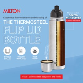 Milton Thermosteel Flip Lid 1000, Double Walled Vacuum Insulated Thermos 1000 ml | 34 oz | 1 LTR | 24 Hours Hot and Cold Water Bottle with Cover, Stainless Steel, BPA Free, Leak Proof | Silver