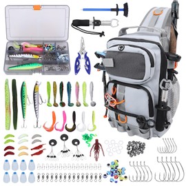 Fishing Backpack with Tackle Boxes,Waterproof Fishing Shoulder Bag for Fishing Gear with Rod Holder,Fish Sling Bag with Fishing Lures Kit,Fish Hook Remover Tool,Fish Lip Gripper,Fishing Plier (Gray)