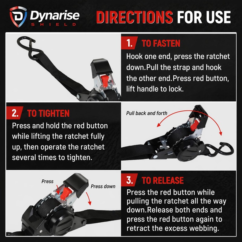 Dynarise Shield 10Ft Auto-Retractable Tie Down Ratchet Straps Pro Kit