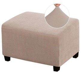 PrinceDeco Stretch Ottoman Cover Slipcovers Rectangle for Living Room Foot Stool Stretch Covers to Fit Ottoman Foot Rest, Thick Checked Jacquard Fabric with Elastic Bottom (Oversized Ottoman, Sand)
