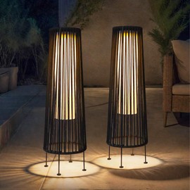 TRIROCKS Outdoor Floor Lamp 2 Piece Solar Powered Lantern Wicker Solar Patio Lamp with Olifen Rope Waterproof Rattan Outside Solar Deck Light for Patio Garden Lawn Yard (Black)